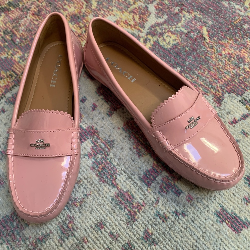 pink patent leather driving loafers
